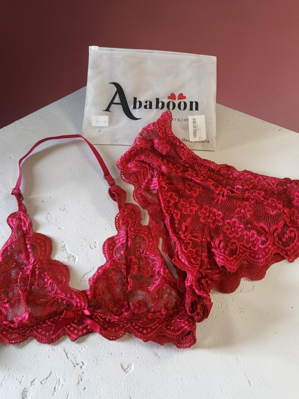 Abadoon Babydoll Deep Red Floral Lace Bralette and Cheeky Hi-waisted Bikini